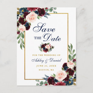 Cartão Postal De Anúncio Elegante Burgundy Floral Dourado Azul Salve a Data