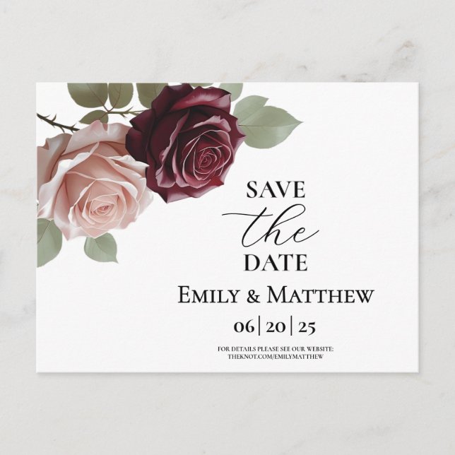 Cartão Postal De Anúncio Elegante Burgundy Rosa Casamento Salve A Data (Frente)