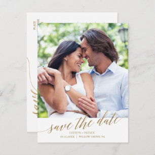 Cartão Postal De Anúncio Elegante Caligrafia Dourada Salve a Foto da Data