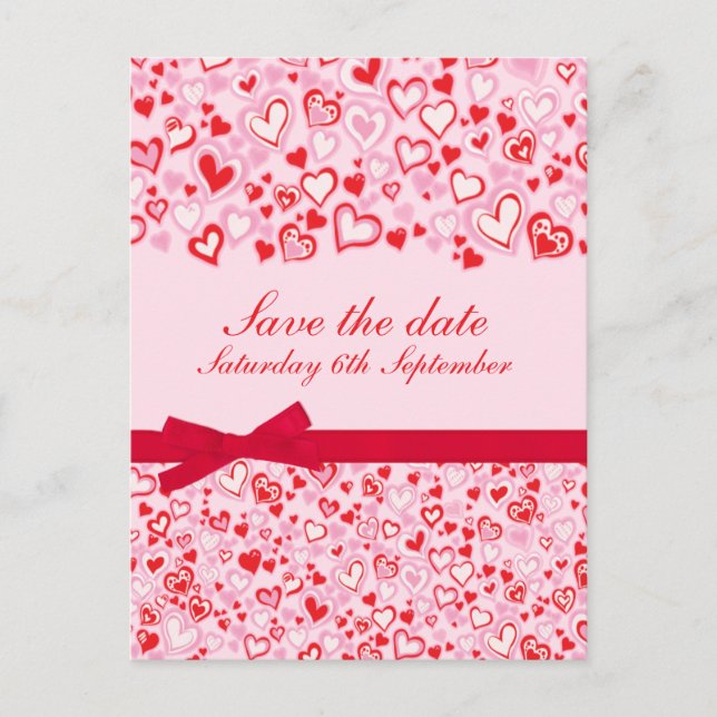 Cartão Postal De Anúncio Elegante cartão rosa de 'save the date' com coraçõ (Frente)