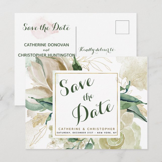 Cartão Postal De Anúncio Elegante Creme Floral Save the Date Casamento (Frente/Verso)