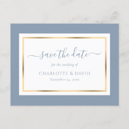 Cartão Postal De Anúncio Elegante Dusty Blue e Dourado Casamento Salvem a D