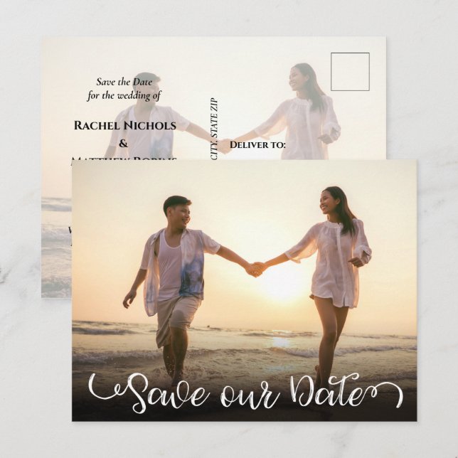 Cartão Postal De Anúncio Elegante Escrito Moderno Simples Foto Salvar Data (Frente/Verso)