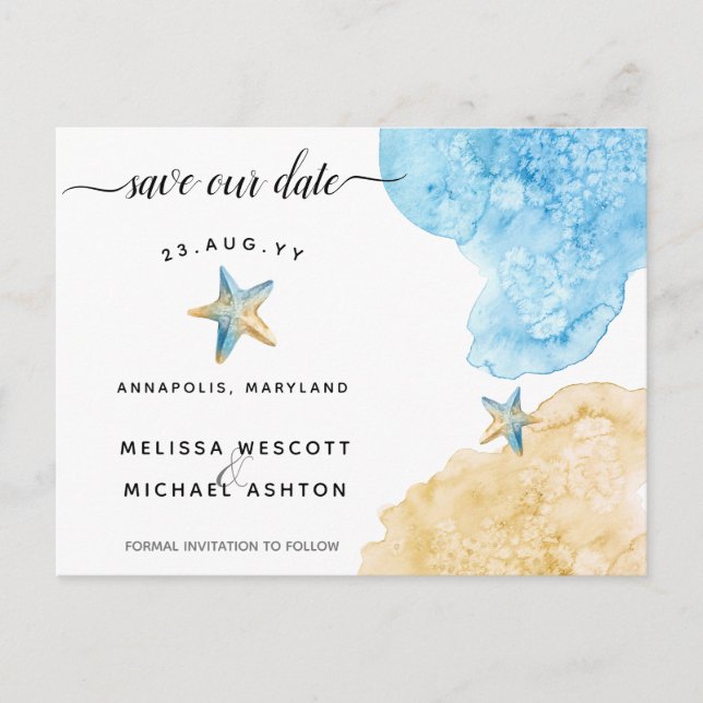 Cartão Postal De Anúncio Elegante Estrela-do-Mar Aquarela Salve Nossa Data (Frente)