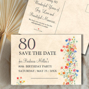 Cartão Postal De Anúncio Elegante Floral 80º Aniversário Salve a Data