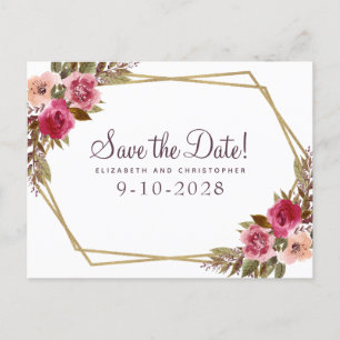 Cartão Postal De Anúncio Elegante Floral Aquarela Save The Date Casamento