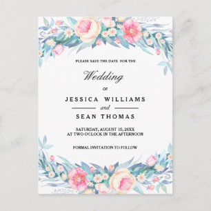 Cartão Postal De Anúncio Elegante Floral Aquarelado de Casamento Salve a Da