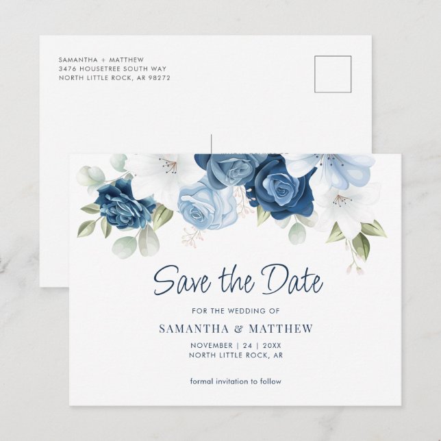 Cartão Postal De Anúncio Elegante Floral Azul Poeirento Save the Date (Frente/Verso)