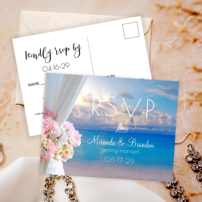 Cartão Postal De Anúncio Elegante Floral Beach Summer Sunset Wedset RSVP (Criador carregado)