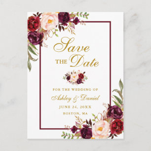 Cartão Postal De Anúncio Elegante Floral Burgundy Dourado Salve a Data