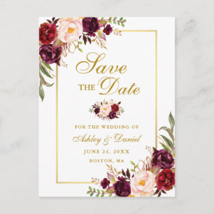 Cartão Postal De Anúncio Elegante Floral Burgundy Save the Date Dourado