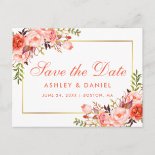 Cartão Postal De Anúncio Elegante Floral Coral Ouro Save the Date
