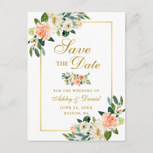 Cartão Postal De Anúncio Elegante Floral de Coral Save the Date Dourado