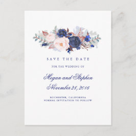 Cartão Postal De Anúncio Elegante Floral do marinho Salve a Data