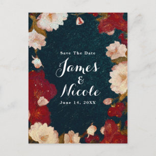 Cartão Postal De Anúncio Elegante Floral Vermelho e Branco Salvar a Data Mo