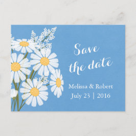 Cartão Postal De Anúncio Elegante Floral White Daisies Blue Salve a data