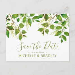 Cartão Postal De Anúncio Elegante Folhagem Botânica Green Save the Date