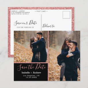 Cartão Postal De Anúncio Elegante Foto Black Rose Glitter Salve a Data