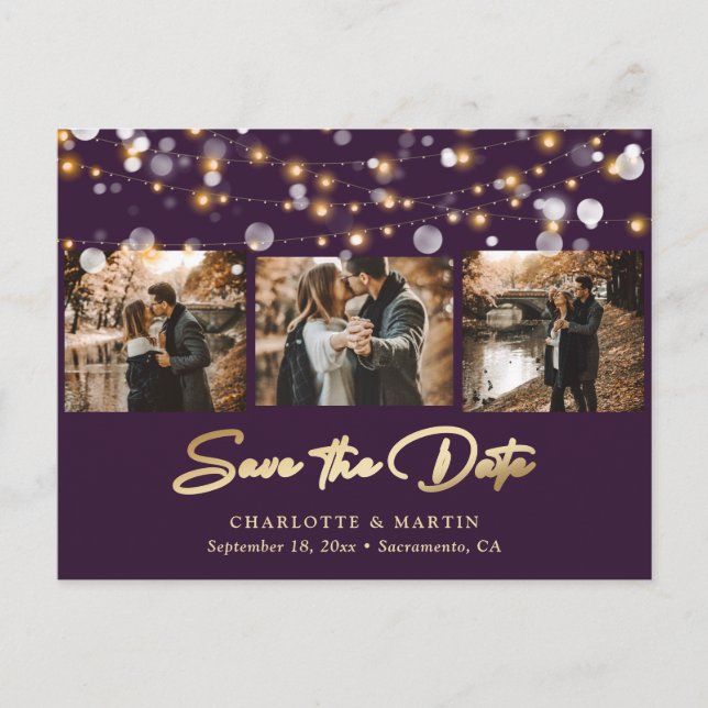 Cartão Postal De Anúncio Elegante Foto de Casamento Roxo e Dourado Save The (Frente)