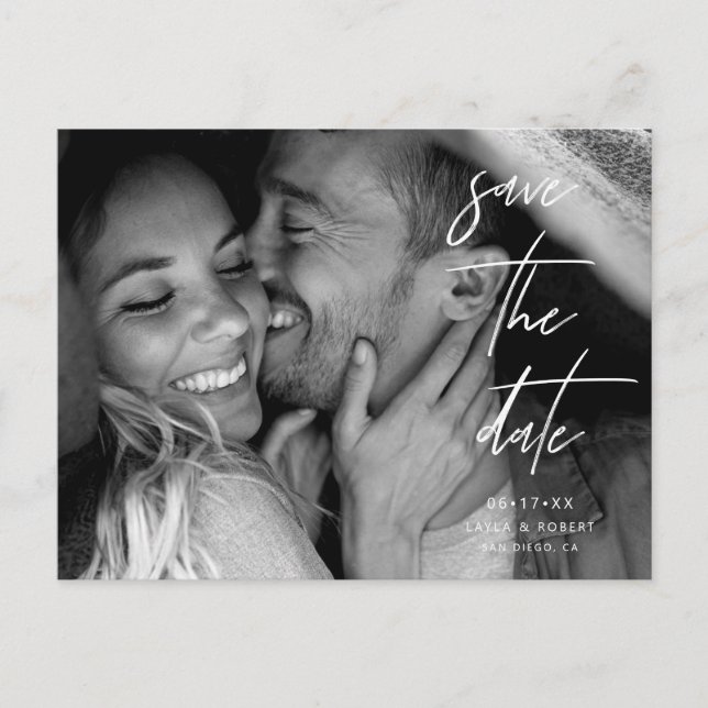 Cartão Postal De Anúncio Elegante Foto Preto e Branco Salve a Data (Frente)