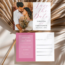Cartão Postal De Anúncio Elegante Foto Rosa Bege Salve a Data Casamento 