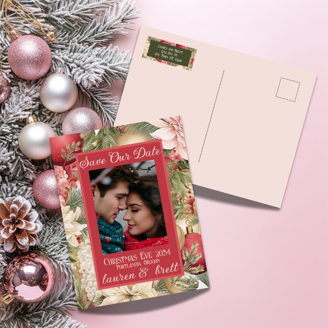 Cartão Postal De Anúncio Elegante Fotografia Romântica de Natal Casamento (Stylish Christmas Wedding Save the Date postcard with elegant layout
)