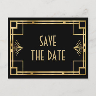 Cartão Postal De Anúncio Elegante Gatsby Art Deco preto e dourado