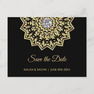 Cartão Postal De Anúncio Elegante Mandala Casamento Preto SAVE THE DATE