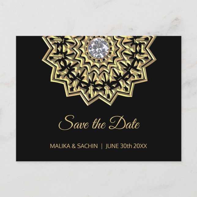 Cartão Postal De Anúncio Elegante Mandala Casamento Preto SAVE THE DATE (Frente)