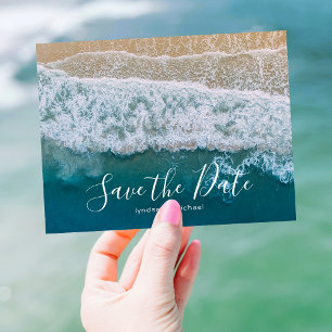 Cartão Postal De Anúncio Elegante Oceano Azul de Praia Salve a Data