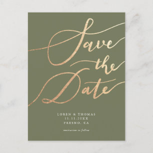 Cartão Postal De Anúncio Elegante Ouro Verde Oliva Letra Save the Date