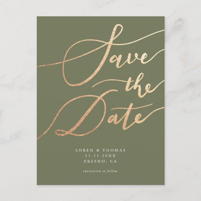 Cartão Postal De Anúncio Elegante Ouro Verde Oliva Letra Save the Date (Frente)