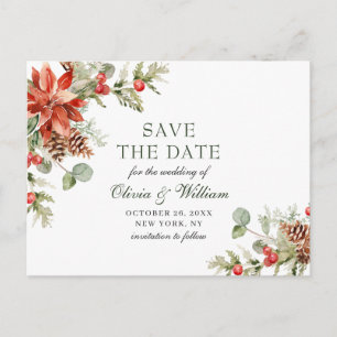 Cartão Postal De Anúncio Elegante Poinsettia Vermelha de Pinheiro Casamento