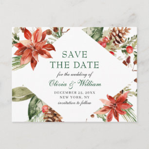 Cartão Postal De Anúncio Elegante Poinsettia Vermelha de Pinheiro Casamento