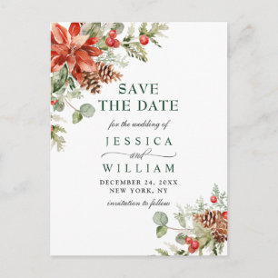 Cartão Postal De Anúncio Elegante Poinsettia Vermelha de Pinheiro Casamento