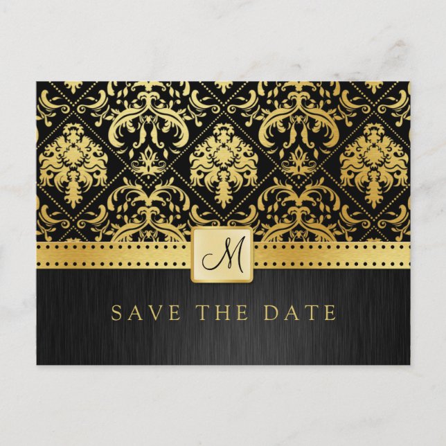 Cartão Postal De Anúncio Elegante Preto e Dourado Damask Save the Date (Frente)