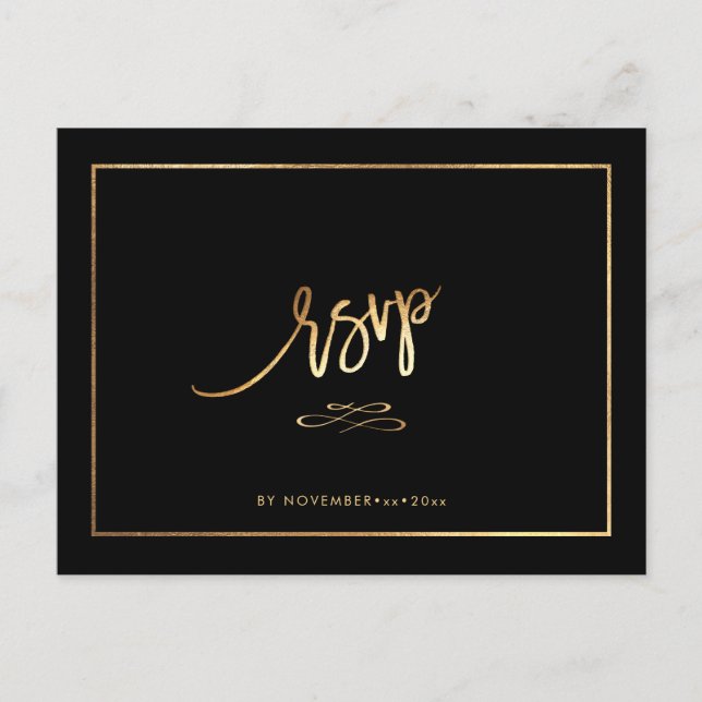 Cartão Postal De Anúncio Elegante Resposta RSVP Dourado Falso com REFEIÇÕES (Frente)