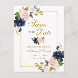 Cartão Postal De Anúncio Elegante Rosa Bege Floral Dourado Salve a Data