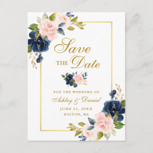 Cartão Postal De Anúncio Elegante Rosa Bege Floral Dourado Salve a Data