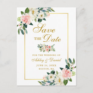 Cartão Postal De Anúncio Elegante Rosa Branco Floral Salve a Data Dourado