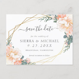 Cartão Postal De Anúncio Elegante Rosa Creme Dourado Floral Save the Date