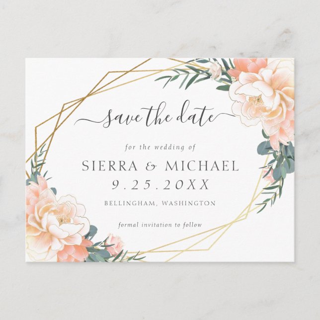 Cartão Postal De Anúncio Elegante Rosa Creme Dourado Floral Save the Date (Frente)