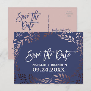 Cartão Postal De Anúncio Elegante Rosa Dourado e Casamento Azul-Marinho Sal