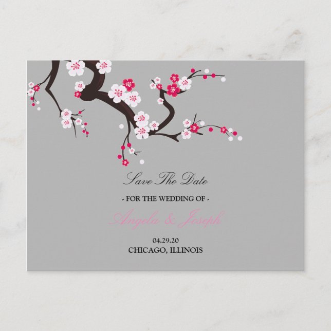 Cartão Postal De Anúncio Elegante Rosa Flor de Cerejeira save the date (Frente)