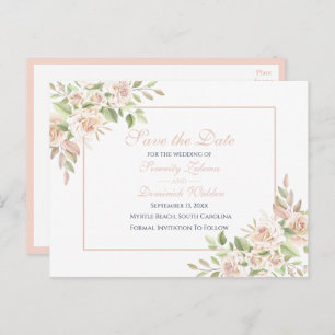 Cartão Postal De Anúncio Elegante Rosa Rosa Floral Salvar A Data Casamento