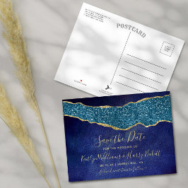 Cartão Postal De Anúncio Elegante Salva Data de Casamento em Ágata Azul Mar