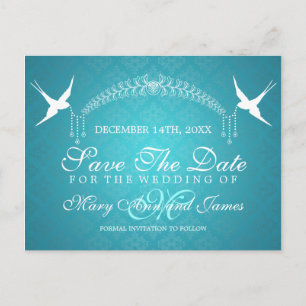 Cartão Postal De Anúncio Elegante Salvar a Data Aves Monograma Turquesa