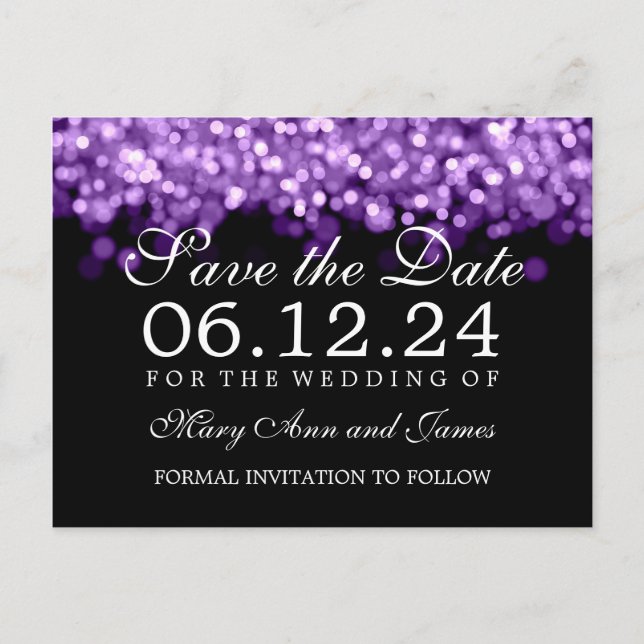 Cartão Postal De Anúncio Elegante Salvar a Data Luzes Roxas (Frente)