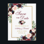 Cartão Postal De Anúncio Elegante Salve a data Borgonha Azul Floral Dourada<br><div class="desc">Moderno Elegante,  Watercolor Burgundy Marsala Blue Floral,  Dourado Guarda Cartão Postal De Noivado</div>