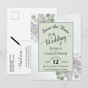 Cartão Postal De Anúncio Elegante Salve a data Eucalipto e Lavanda verde